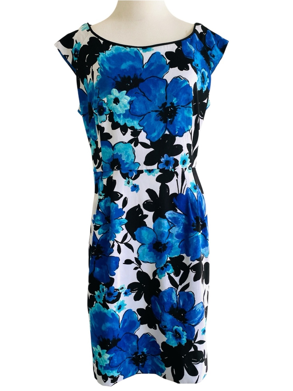 Sandra Darren Sheath Dress Blue & Black Floral Capped Sleeve Office Work Sz 12